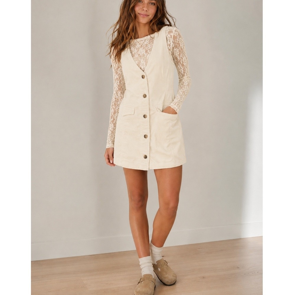 American Eagle‎ Cream Corduroy Button Sleeveless Mini Dress Medium Cottagecore